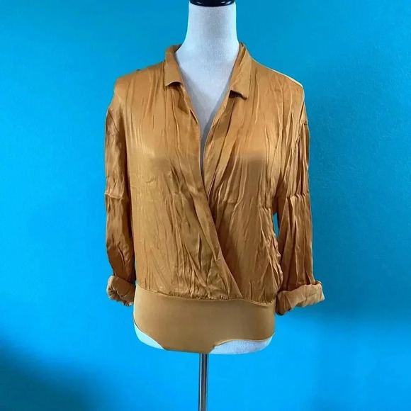 Zara Mustard Long Sleeve Collared Faux Wrap Bodysuit Shell Size S - Picture 1 of 4